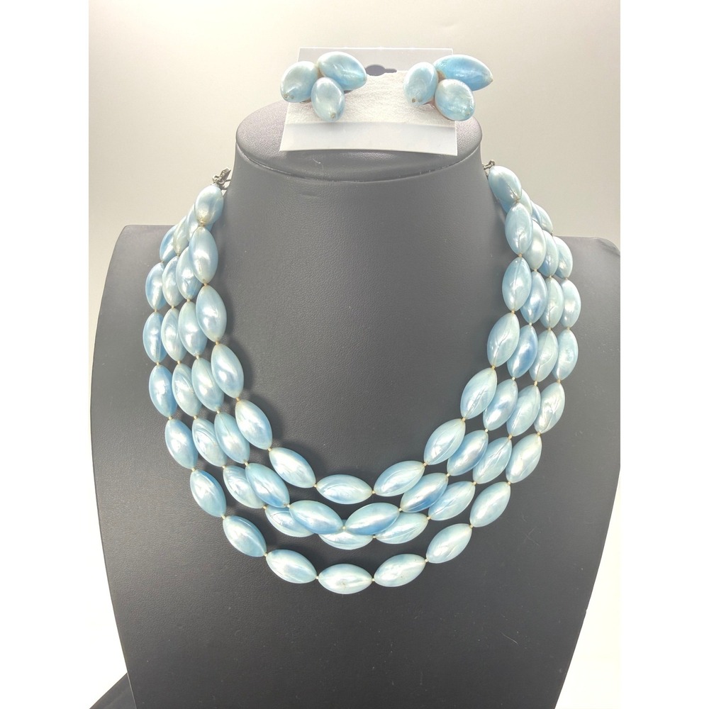 Vintage Style Light Baby Blue Bead 4-Strand Bib Necklace & Clip-On Earrings Set